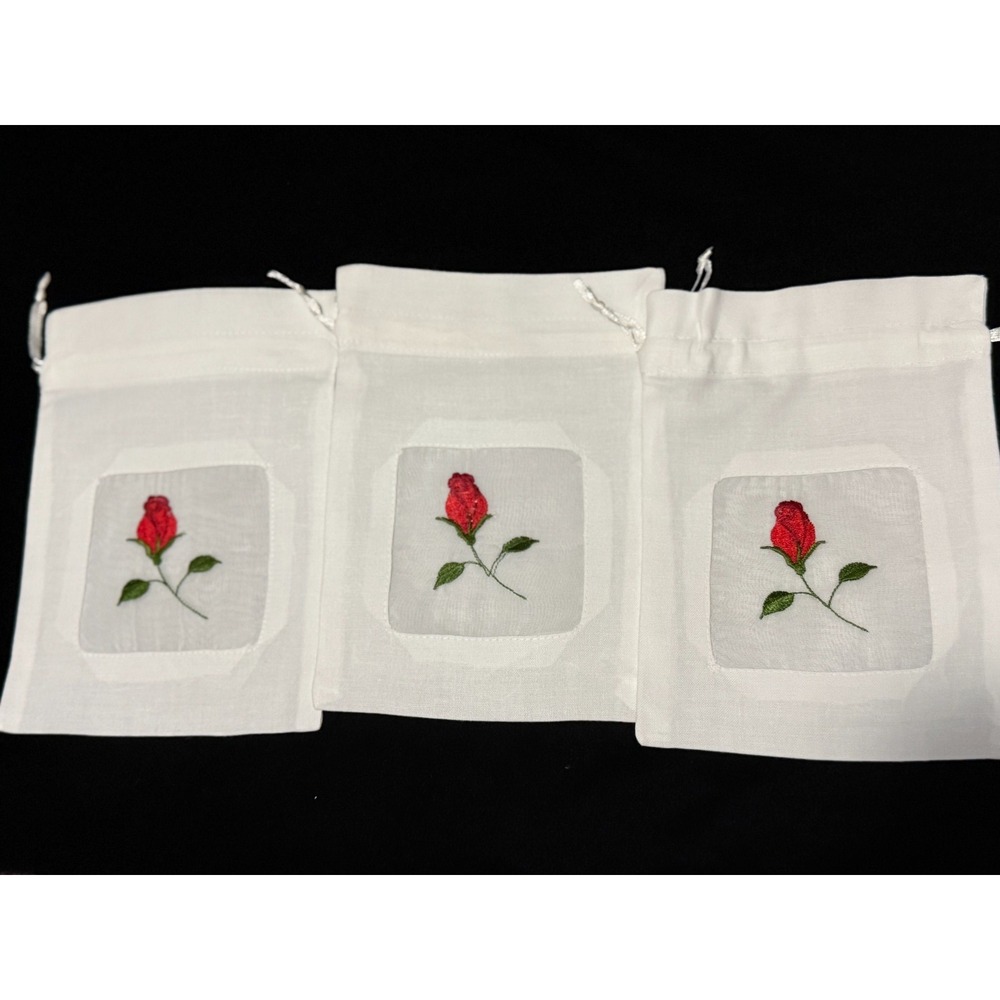 Lot of 3 New White Single Rose Drawstring Gift Bag Jewelry Storage Love Romantic